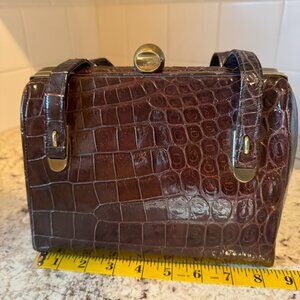 Vintage 40s Brown Crocodile Belly Box Purse w Mirror and Leather Lining, Brass